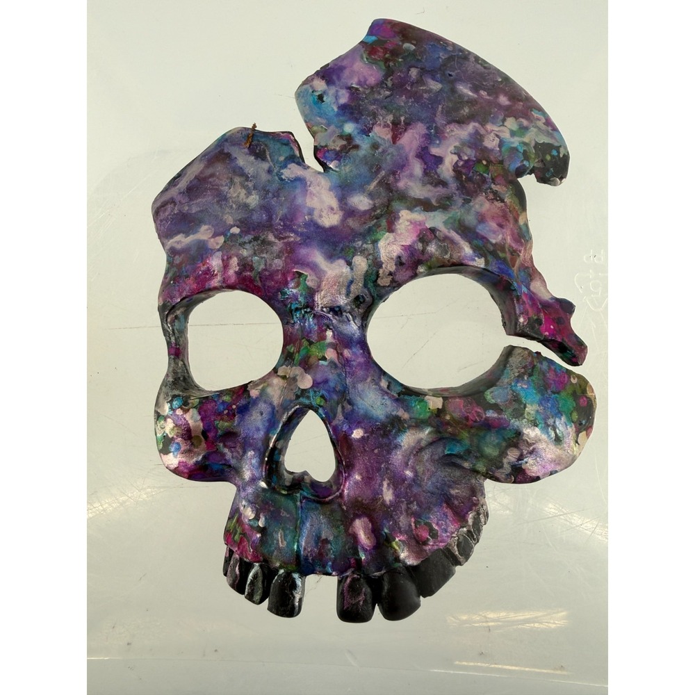 Handmade Acrylic Pour Skull Wall Art Teal Turquoise Gold Gothic Halloween Decor